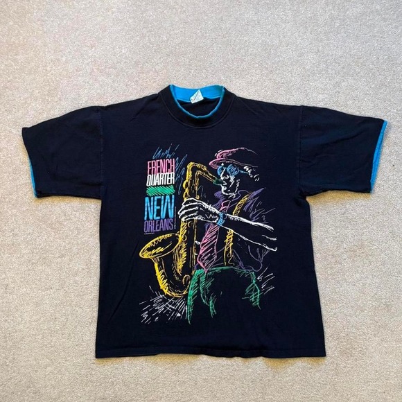 Vintage 1990 French Quarter New Orleans Jazz T-Shirt Two Tone Puff Print Graphic - Picture 1 of 6